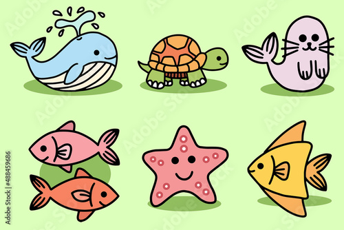 Set Cute Animal Sea Fish Ocean Cartoon Fish, Seals , Starfish, Turtle, Penguin, Fish Collection illustration