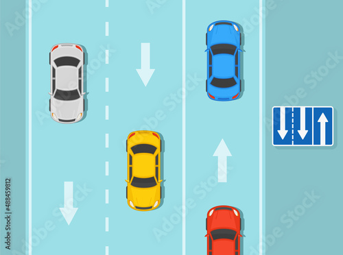 Safety car driving rules and tips. Lane direction and the number of lanes on the road sign meaning. Flat vector illustration template.