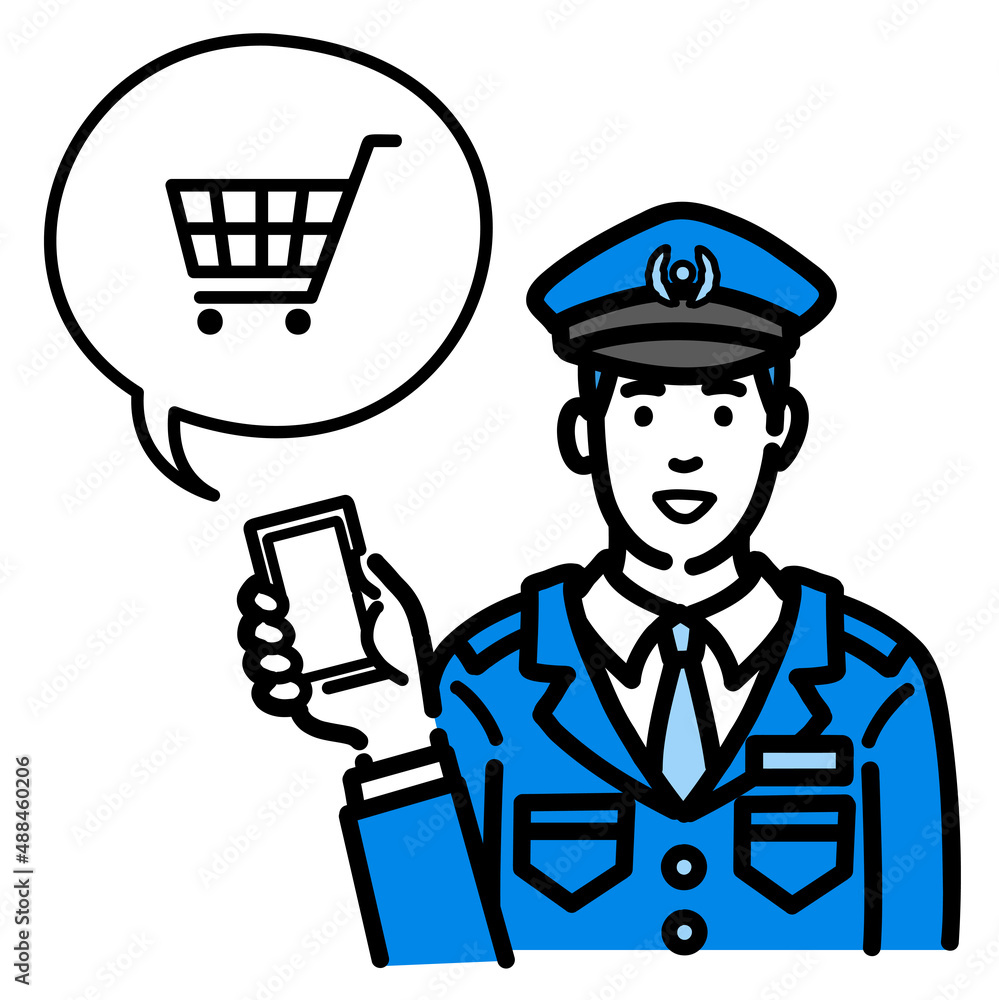 スマートフォンを持ってショッピングの説明をしている警察官の男性
