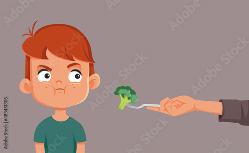 Little Boy Refusing to Eat Broccoli Vector Cartoon Illustration