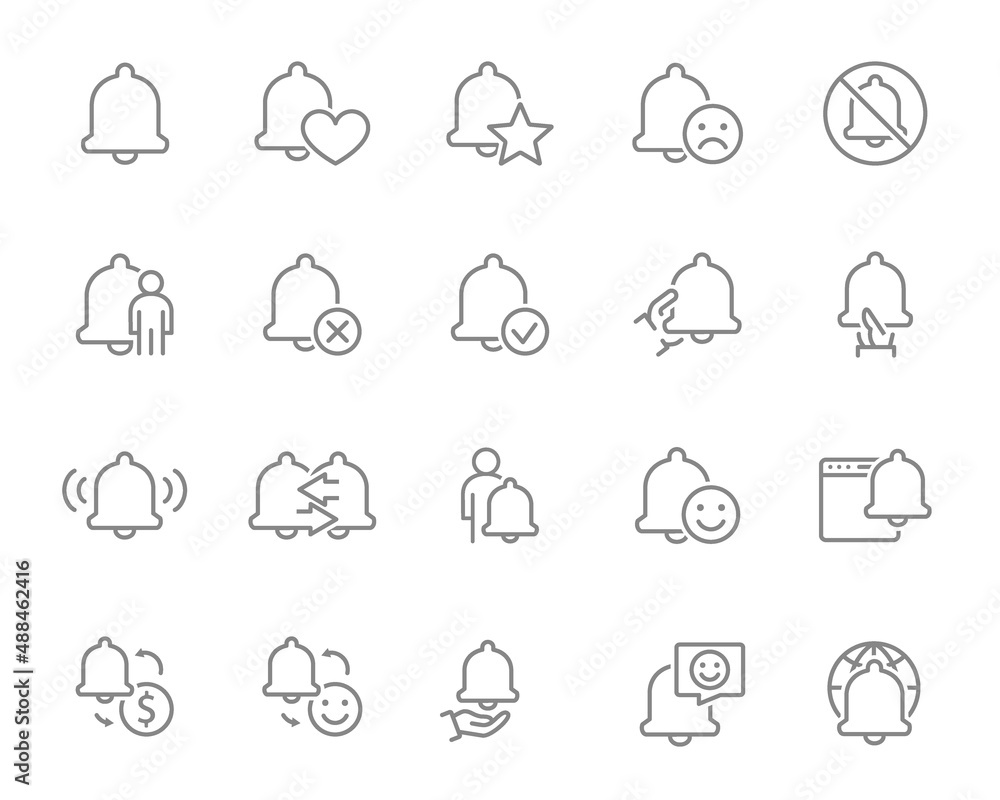Set of notification bell line icons. Phone alert, inbox message, mobile notification, message bell and more. Set of notification bell line icons. Phone alert, inbox message, mobile notification, message bell and more.