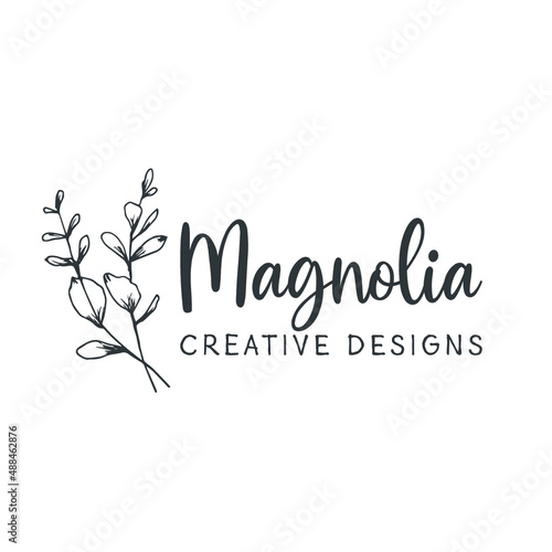 Handrawn flower logo, logo for florist, florist logo, magnolia flower, flower, branch.