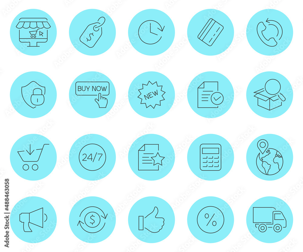 Fototapeta premium Online shopping line simple icons in blue circles
