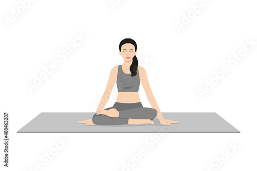 Firelog Pose, Fire Statue Pose, Double Pigeon Pose, Square Pose, Ankle to Knee Pose. Beautiful girl practice Agnistambhasana. Young attractive woman practicing yoga exercise. working out, black