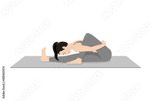 Sage Twist Pose, Marichi's Pose, One-Legged Seated Spinal Twist Pose. Beautiful girl practice Marichyasana. Young attractive woman practicing yoga exercise. working out, black wearing sportswear