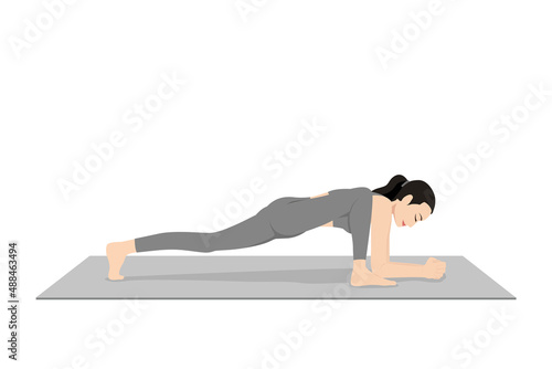 Lizard Pose, Gecko Pose. Beautiful girl practice Utthan Pristhasana. Young attractive woman practicing yoga exercise. working out, black wearing sportswear, grey pants and top, indoor full length,