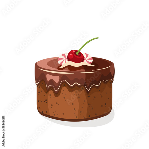 Pyszny tort czekoladowy z ciemną polewą, wisienką i cukierkami na górze. Dekoracyjne ciasto urodzinowe. Wektorowa ilustracja. Słodkie jedzenie, kolorowy pyszny deser na przyjęcie. Kartka urodzinowa.