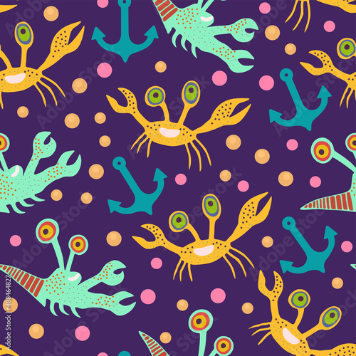 Cute seamless pattern with crabs.Cartoon doodle print with happy sea creatures for children and nursery textile and decor. © Yuliya