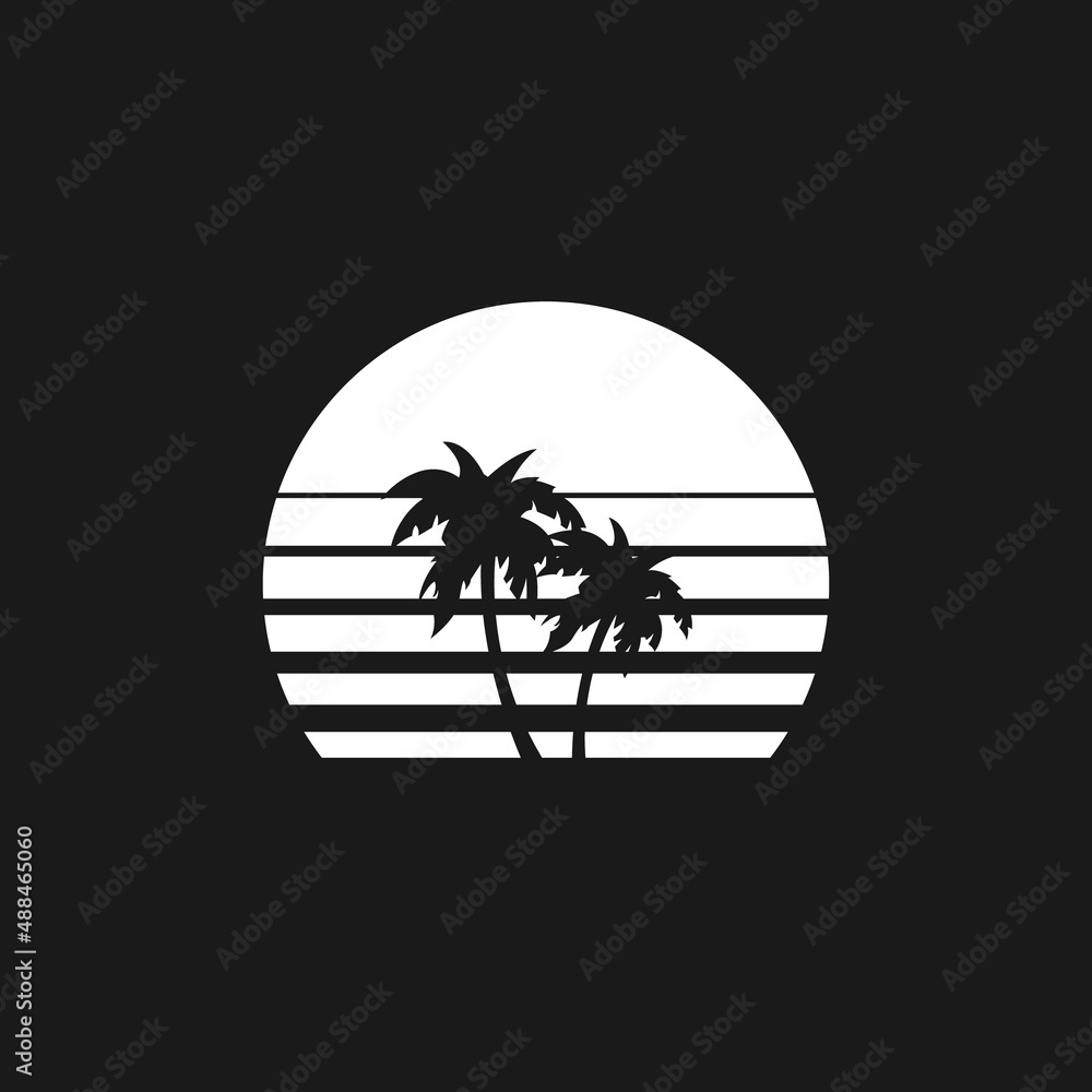 Retrowave sun, sunset or sunrise 1980s style with palm tree silhouettes. Black and white sun with stripes and palm tree silhouettes. Design element for retrowave style projects.Vector