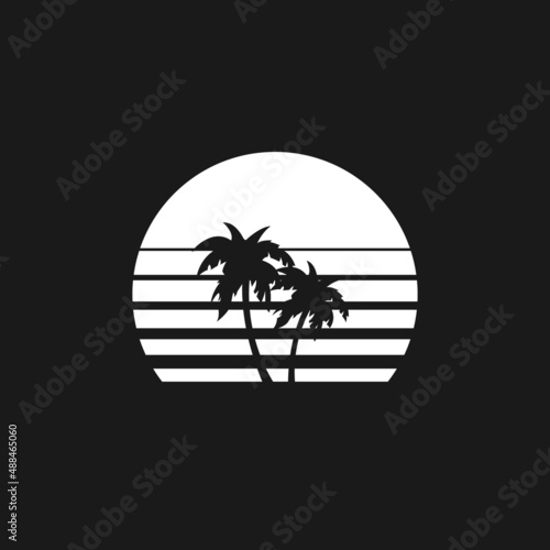 Obraz na płótnie Retrowave sun, sunset or sunrise 1980s style with palm tree silhouettes. Black and white sun with stripes and palm tree silhouettes. Design element for retrowave style projects.Vector w salonie