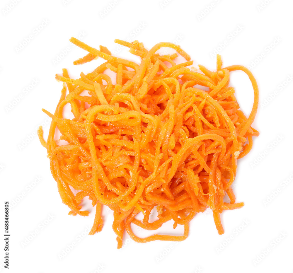 Delicious Korean carrot salad isolated on white, top view Delicious Korean carrot salad isolated on white, top view
