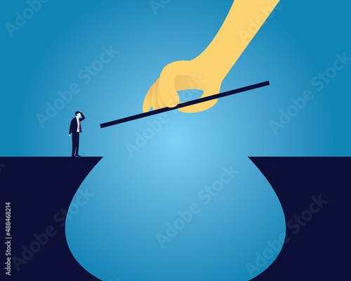 Business support, big hand helping businessman to cross big gap obstacle