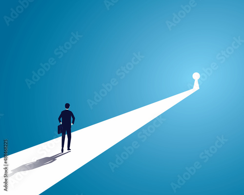 Businessman walking forward to keyhole with bright light. Business opportunity or solution concept