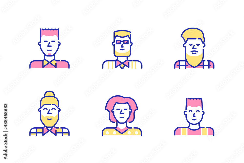 Men profile picture icons set. Young adults, hipsters, teenagers. Pixel perfect, editable stroke fun color icons Men profile picture icons set. Young adults, hipsters, teenagers. Pixel perfect, editable stroke fun color icons