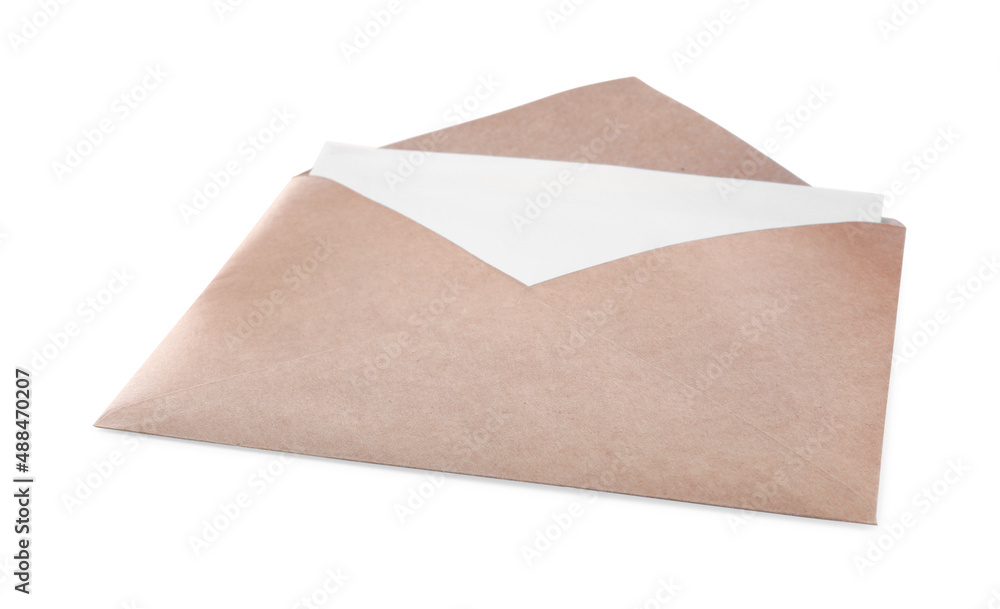 Brown paper envelope with card isolated on white Brown paper envelope with card isolated on white