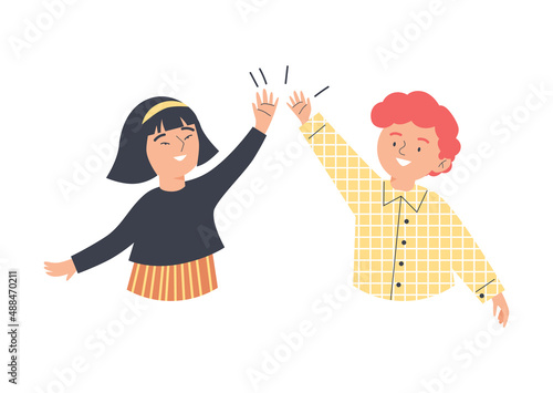 Children give high five gesture of happiness flat vector illustration isolated.