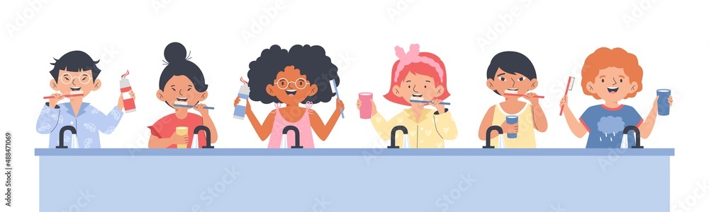Funny kids brushing teeth behind sink, flat cartoon vector illustration isolated. Funny kids brushing teeth behind sink, flat cartoon vector illustration isolated.