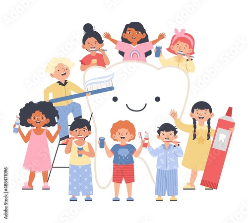 Funny boys and girls brushing tooth, cartoon flat vector illustration isolated.