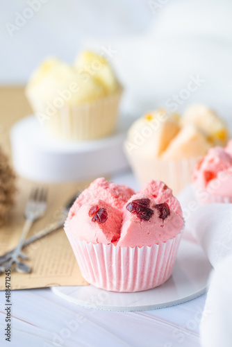 Set of Thai steam Cupcake, sweet colour with white background. Food issue. Thai desert. Selective focus.