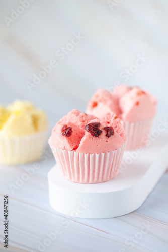 Set of Thai steam Cupcake, sweet colour with white background. Food issue. Thai desert. Selective focus.