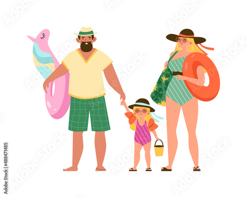 Family going to swim and relax on the beach flat vector illustration isolated.