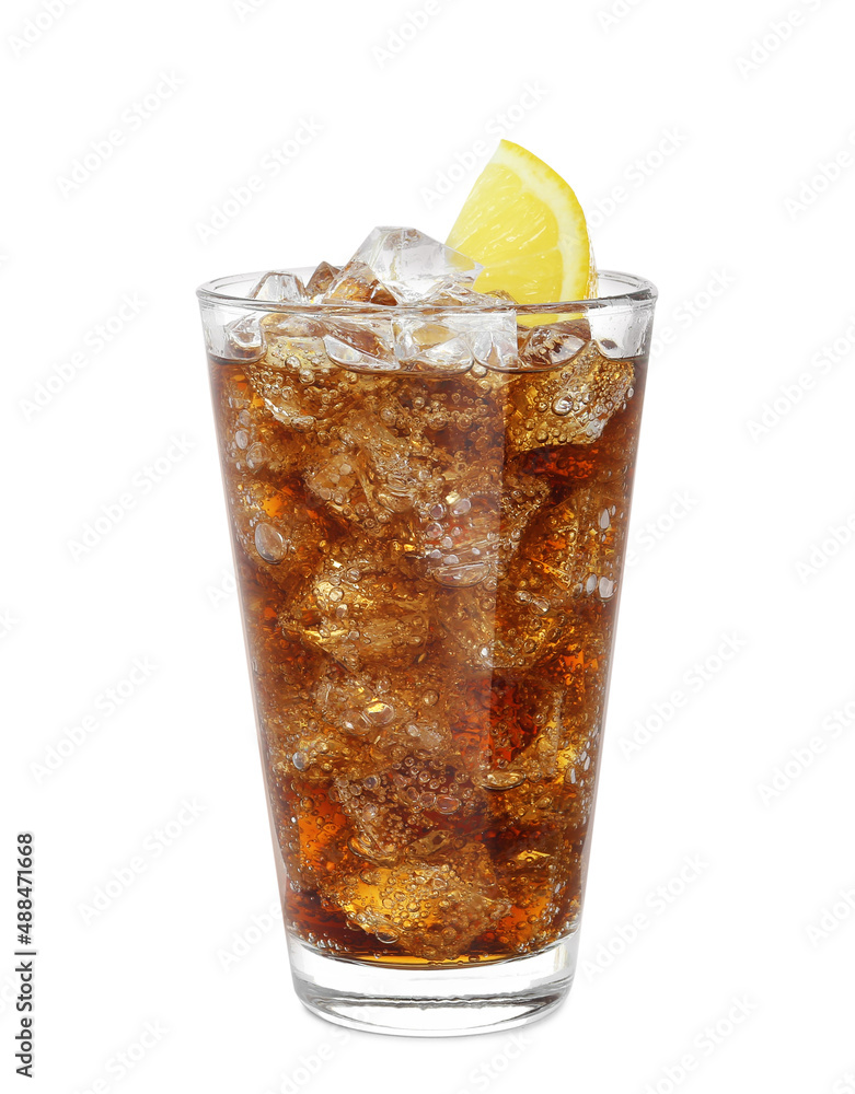Glass of refreshing soda drink with ice cubes and lemon isolated on white Glass of refreshing soda drink with ice cubes and lemon isolated on white