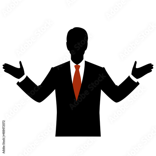 Silhouette  of the man who opens both hands, and explains it.