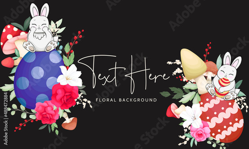 hand drawn background with cute bunny  mushroom and beautiful roses flowe