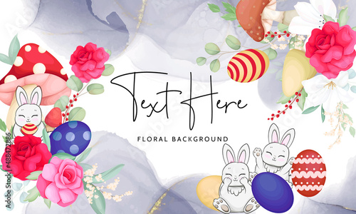 hand drawn background with cute bunny  mushroom and beautiful roses flowe