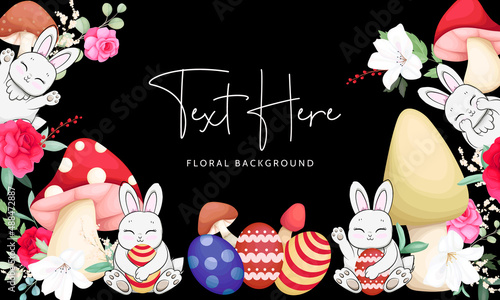 hand drawn background with cute bunny  mushroom and beautiful roses flowe