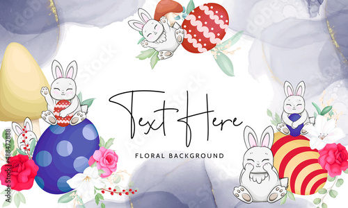 hand drawn background with cute bunny  mushroom and beautiful roses flowe