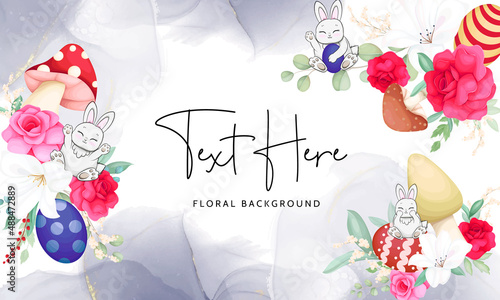 hand drawn background with cute bunny  mushroom and beautiful roses flowe