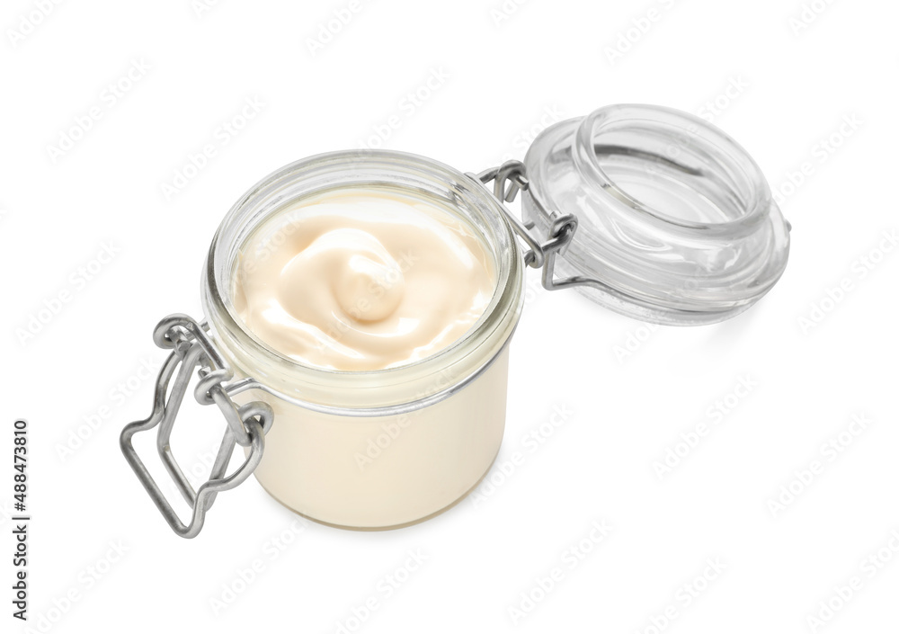 Mayonnaise in glass jar isolated on white Mayonnaise in glass jar isolated on white