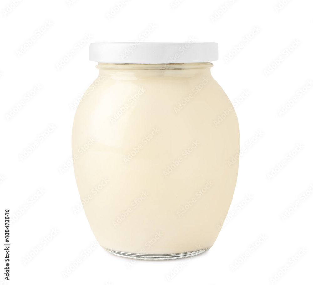 Mayonnaise in glass jar isolated on white Mayonnaise in glass jar isolated on white