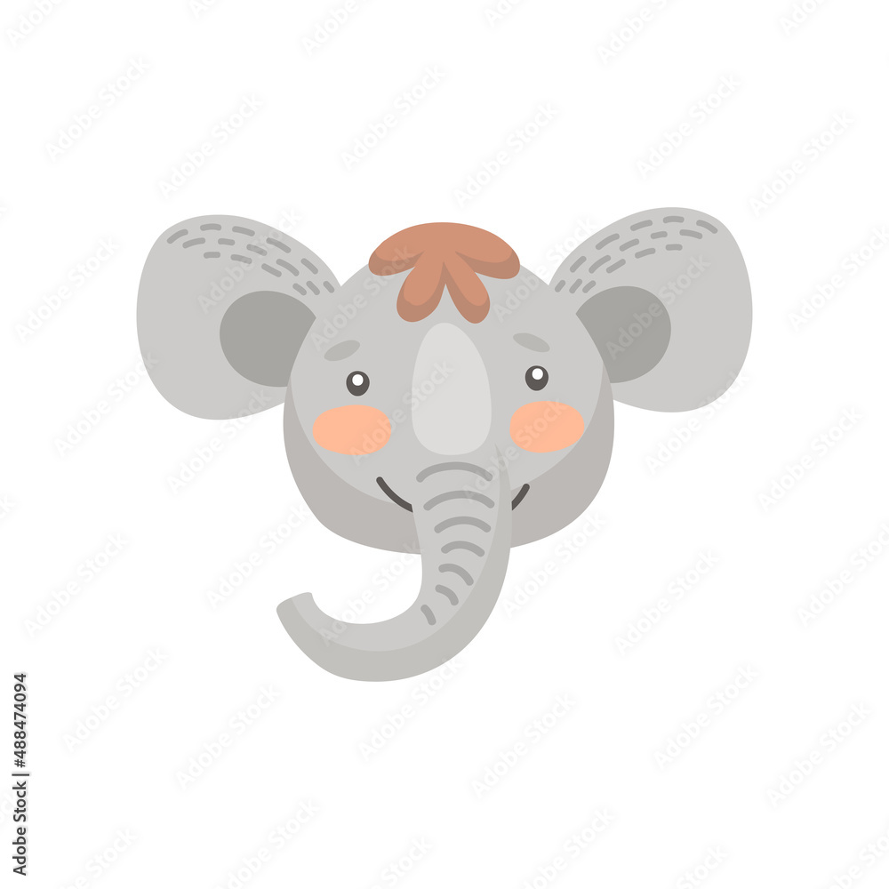 Fototapeta premium Elephant cute animal face isolated flat cartoon head. Vector funny childish mask, jungle african and southern asia animal with prehensile trunk and large ears. Cute comic emoticon emoji design
