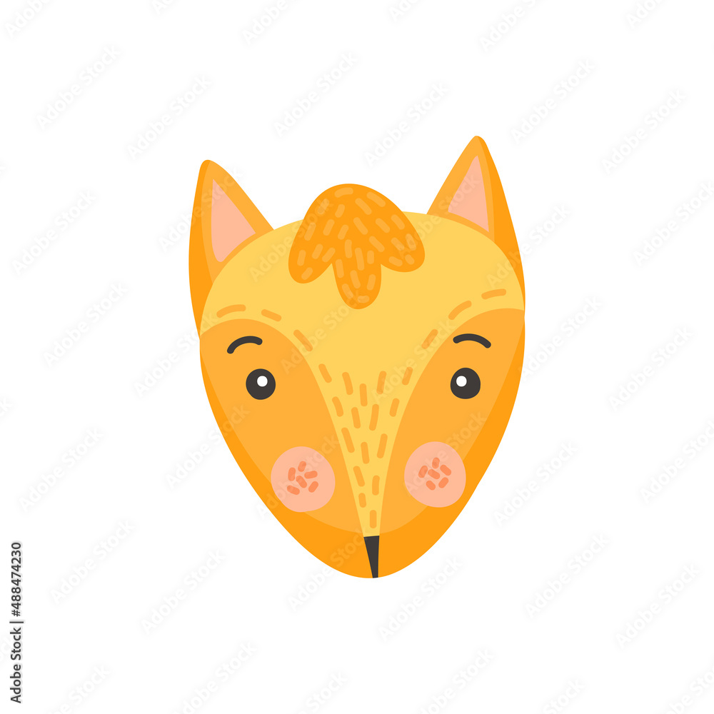 Obraz premium Fox wildlife animal head cute animal face isolated flat cartoon head. Vector funny childish mask, tod she-fox childish print. Comic emoticon emoji design, funny sweet character, forest animal portrait