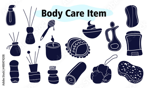 A large set of items for the bathroom and shower. Face and body care. Scents for the home. Vector illustration in solid design on a white background.
