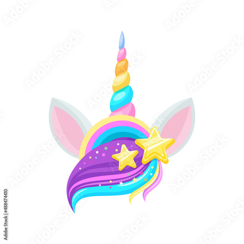 Baby unicorn head with horn, hair bang with glitters and gold stars, decorated by color rainbow isolated flat cartoon icon. Vector fairy tale animal head with ears, cute magic horse head with sparkles