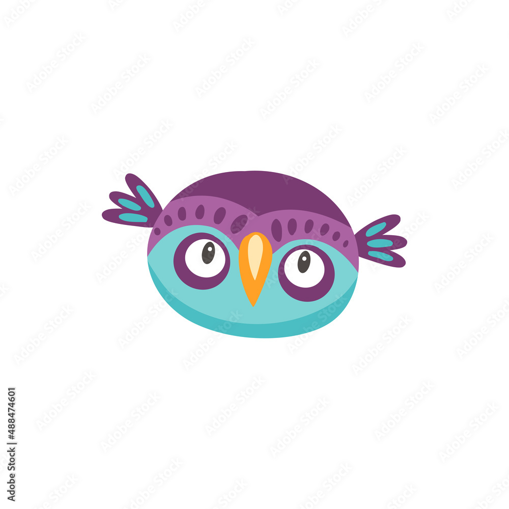 Cartoon owlet wild forest bird isolated cartoon face mask. Vector nocturnal bird of prey with large forward-facing eyes. Wise barn owl, predator. Eagle-owl wildlife mascot, Halloween and wisdom symbol