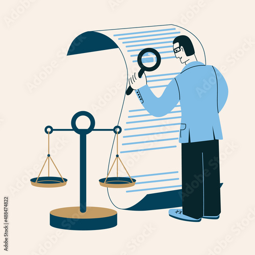 Lawyer man examines a document with a magnifying glass