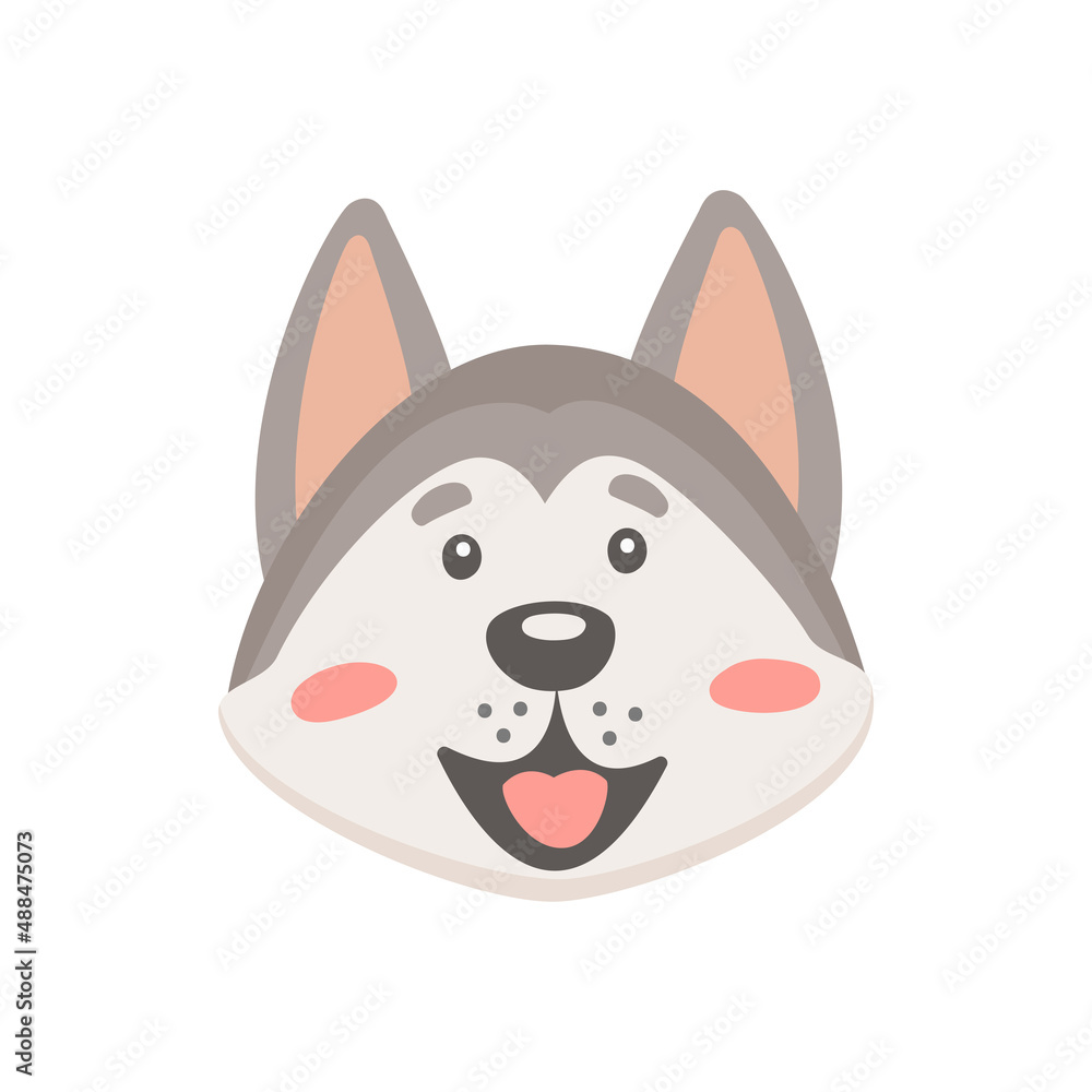 Alaskan husky breed isolated dog face head portrait, flat cartoon design. Vector cute domestic purebred animal, malamute puppy, north wolf wide open mouth, arctic dog with long fur, emoji emoticon