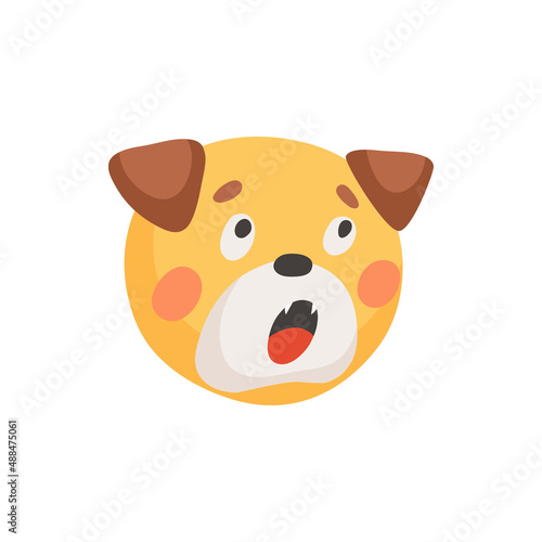 Amused bulldog pet portrait  shocked puppy emoji emoticon isolated face portrait. Vector adorable companion pet  comic canine avatar  surprised pet. French bulldog frenchie breed head mask