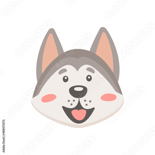 Alaskan husky breed isolated dog face head portrait, flat cartoon design. Vector cute domestic purebred animal, malamute puppy, north wolf wide open mouth, arctic dog with long fur, emoji emoticon