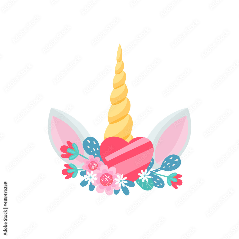 Unicorn head with ears, horn and flowers, glossy heart isolated cartoon icon. Vector magic baby horse animal with blooming bouquet on head, symbol of love. Golden unique horn, girls hair decoration Unicorn head with ears, horn and flowers, glossy heart isolated cartoon icon. Vector magic baby horse animal with blooming bouquet on head, symbol of love. Golden unique horn, girls hair decoration