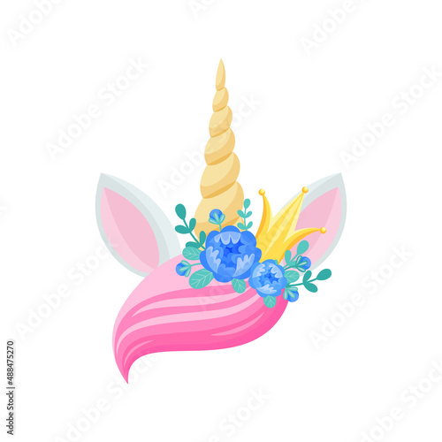 Magic unicorn head with pink hair bang, unique horn, small gold crown and blue flowers, pair of ears isolated flat cartoon icon. Vector daisies on head of cute magic horse animal, flora bouquet