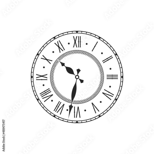 Elegant vintage clock with roman numerals isolated monochrome icon. Vector ornate clock face with arrows, pointers or hands, decorative ancient time measurement device. Aged ornate watch-face