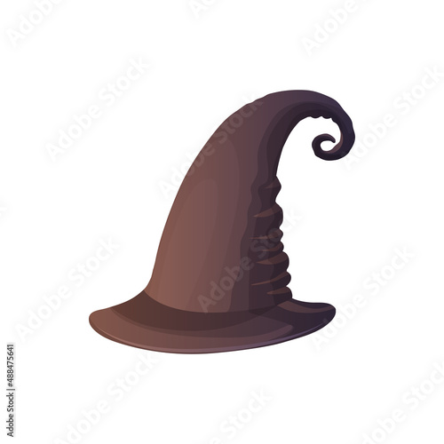 Halloween headdress witch hat with ribbon isolated carnival costume. Vector pointy cap of witch, magical sorceress hat. Brown wizard cone shape cap with ribbon, cartoon headdress, masquerade accessory