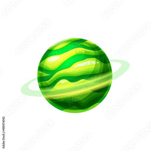 Fantasy planet rotating over orbit, Saturn satellites in space green planet ui game design element isolated. Vector far alien world, globe, habitable place in outer space atmosphere, galaxy exoplanet