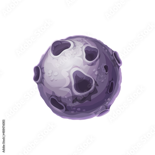 Fantasy planet, far alien world isolated flat cartoon icon. Vector satellites in space, moon or asteroid, habitable place. Galaxy exoplanet or deep space planet with desert surface covered by craters