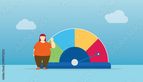 bmi body mass index with big woman and gauge scale indicator with modern flat style